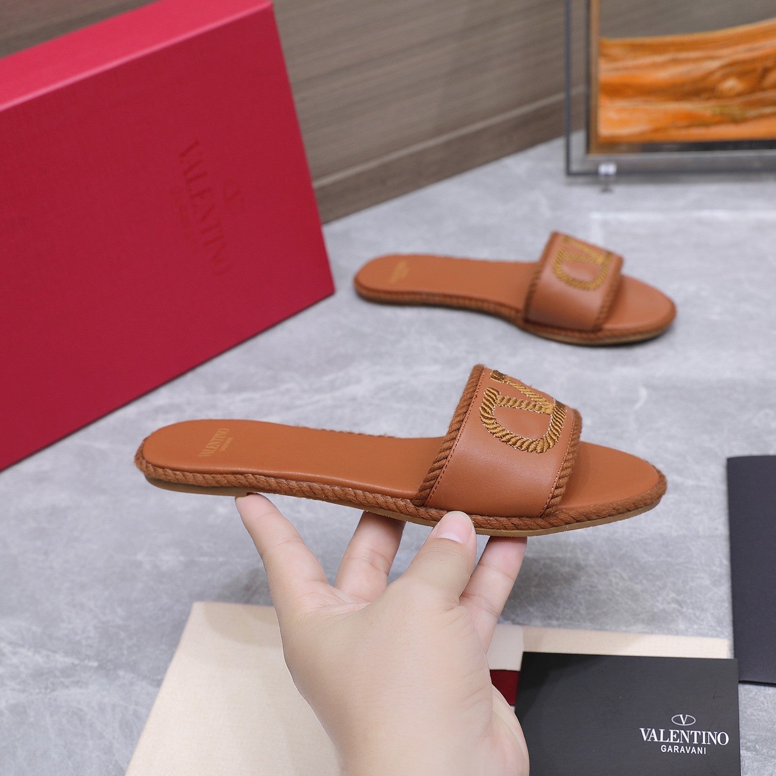 VLTN VLogo Torchon Flat Slides Brown Leather 913085