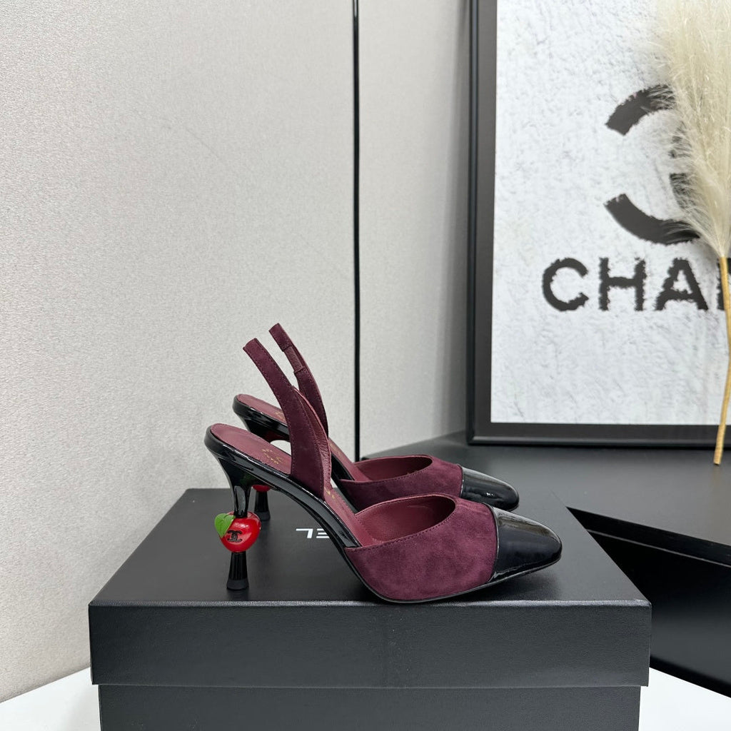 CC Métiers d'Art Apple Heel Slingback Pumps Burgundy Black Suede Leather 944648