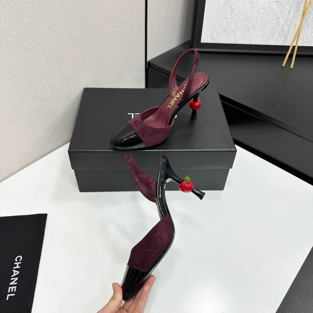 CC Métiers d'Art Apple Heel Slingback Pumps Burgundy Black Suede Leather 944648