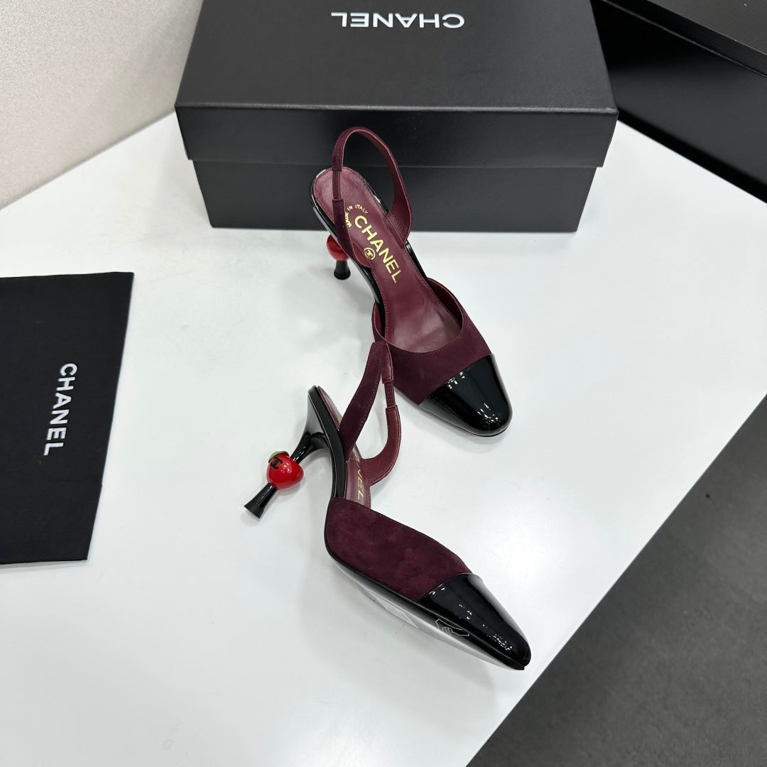 CC Métiers d'Art Apple Heel Slingback Pumps Burgundy Black Suede Leather 944648