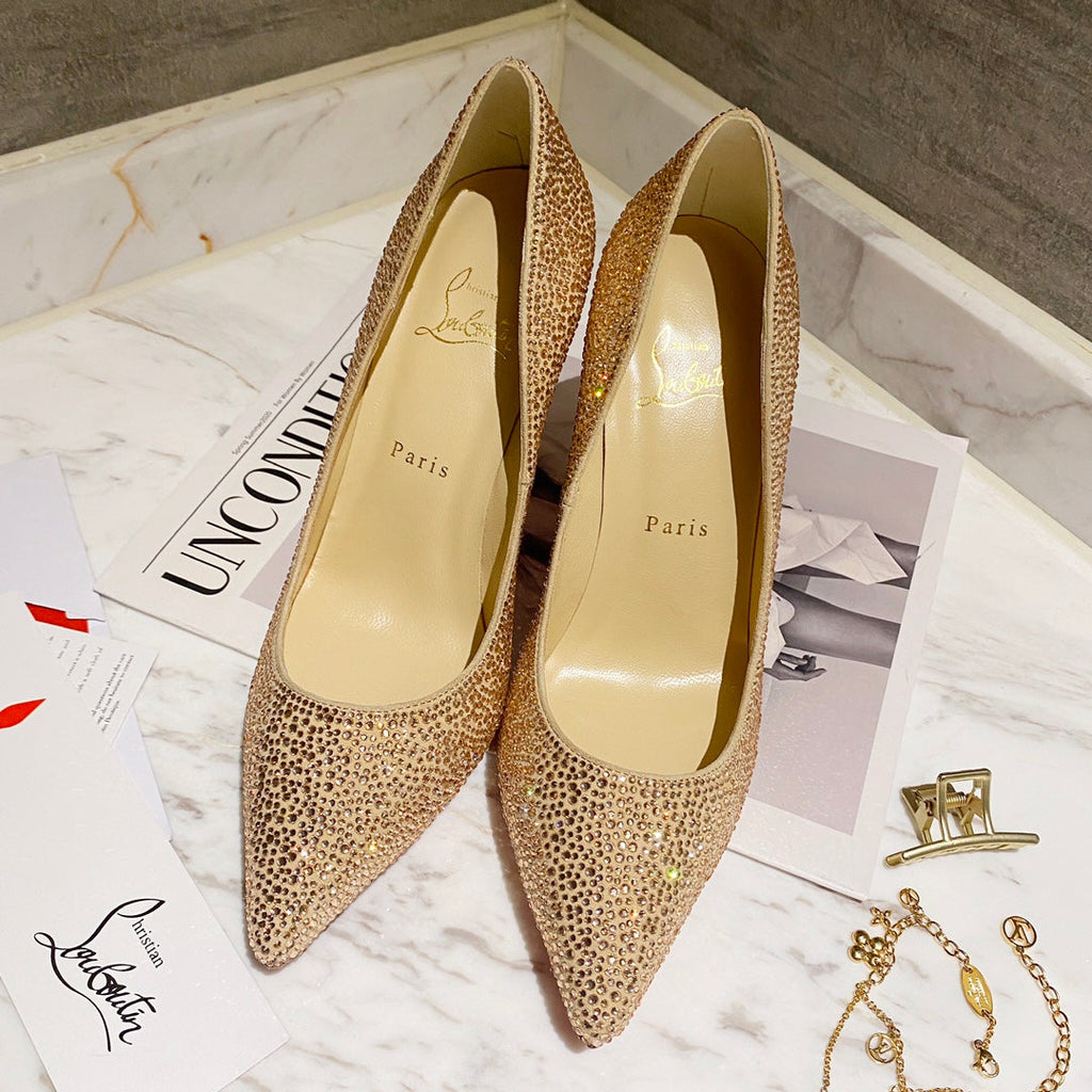 CL Kate Strass Degrade Pumps 100mm Suede Beige