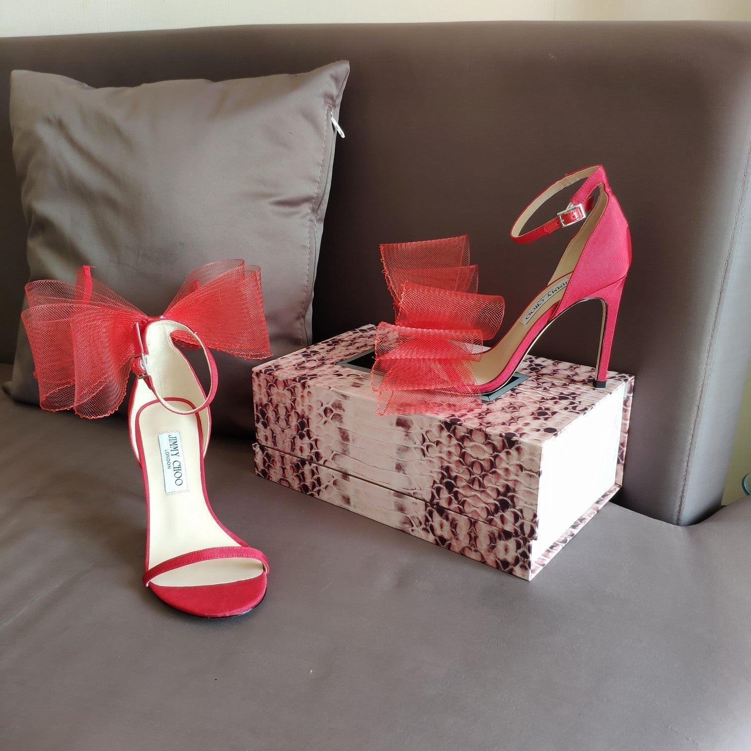 Jimmy Choo 100mm Bow Sandal Red Mesh Cowhide
