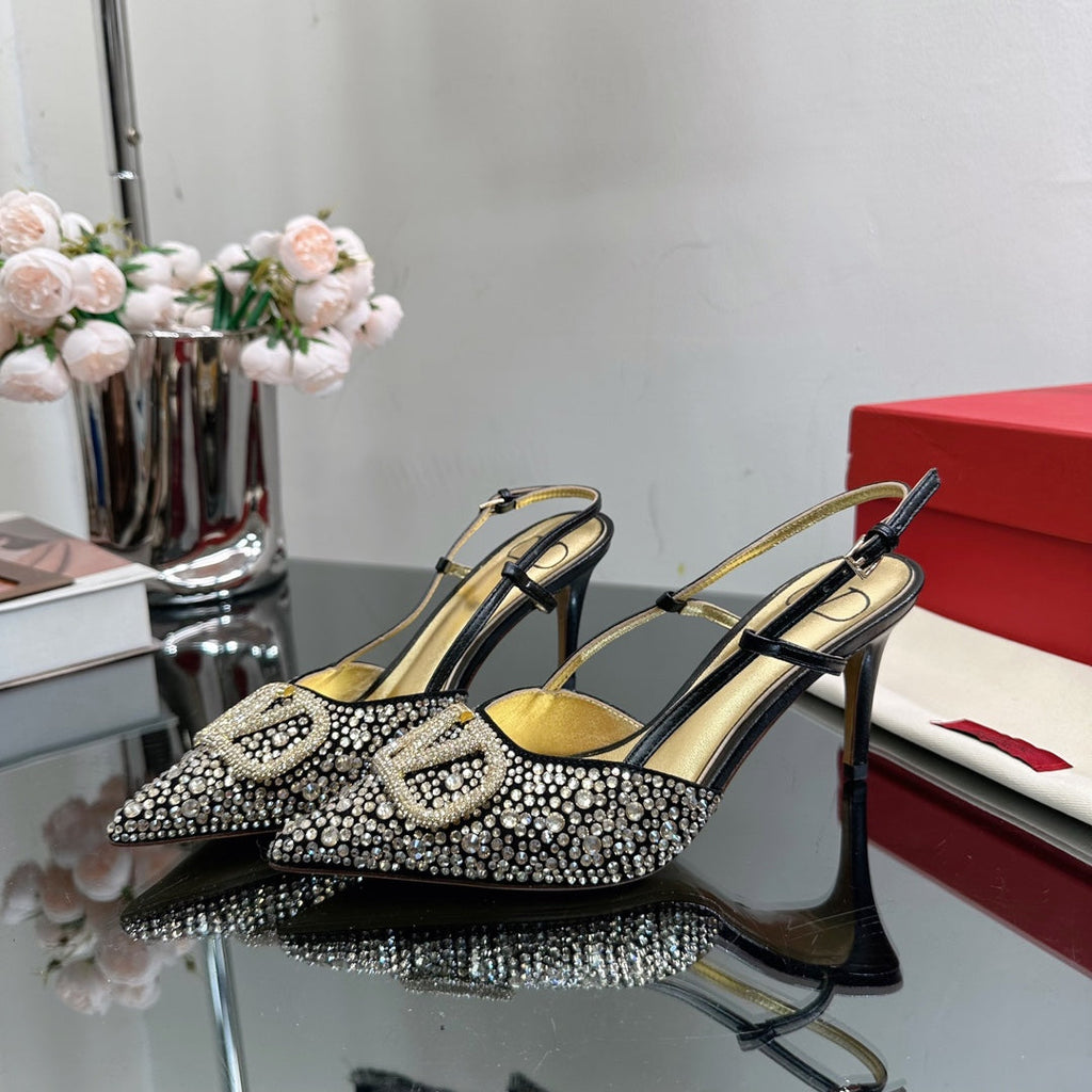 Vlogo Signature Slingback 70 Gold Black Calfskin With Crystals