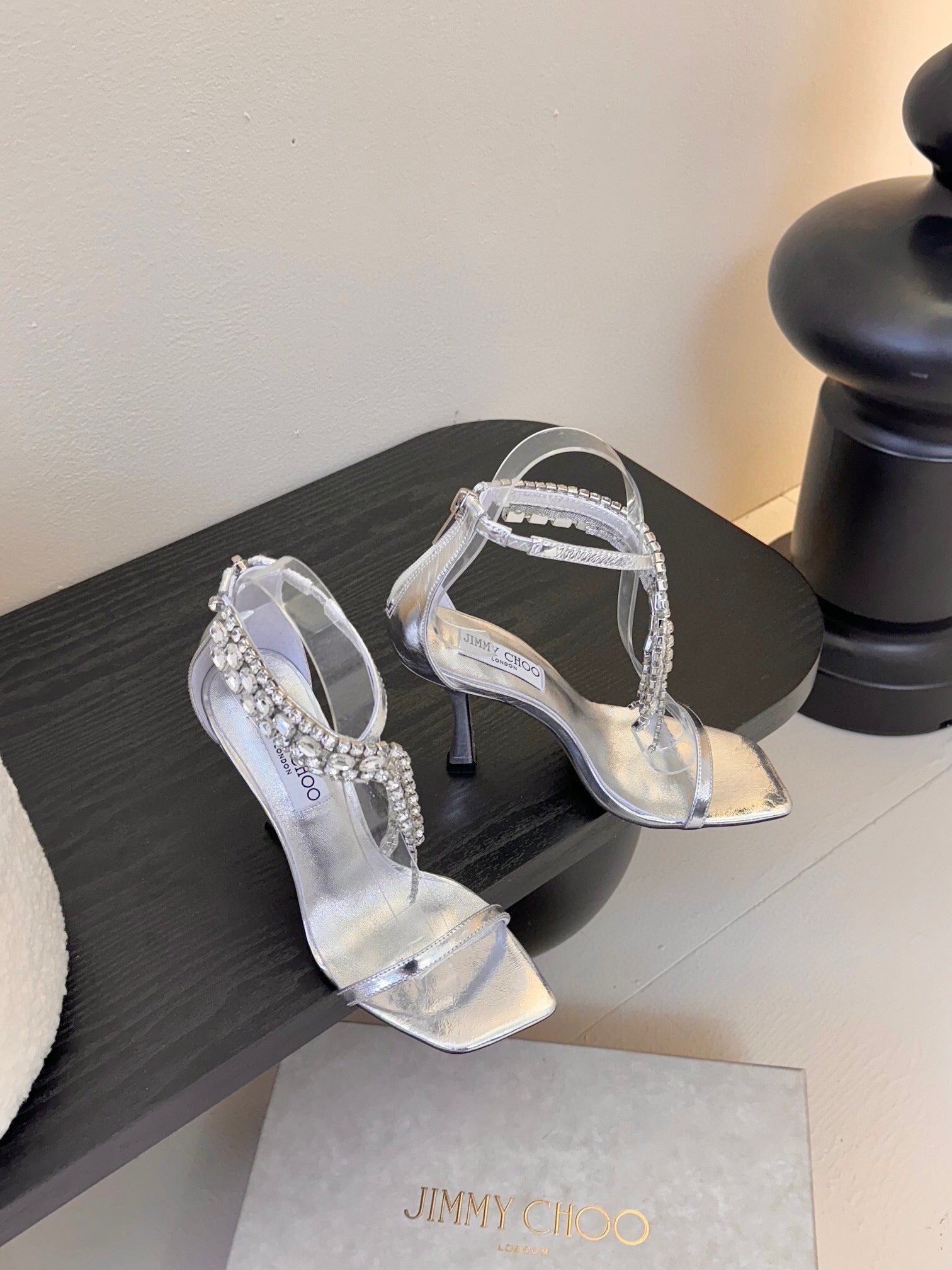 Jimmy Choo Verity 100mm High Heel Sandals Rhinestone Straps Silver Cowhide