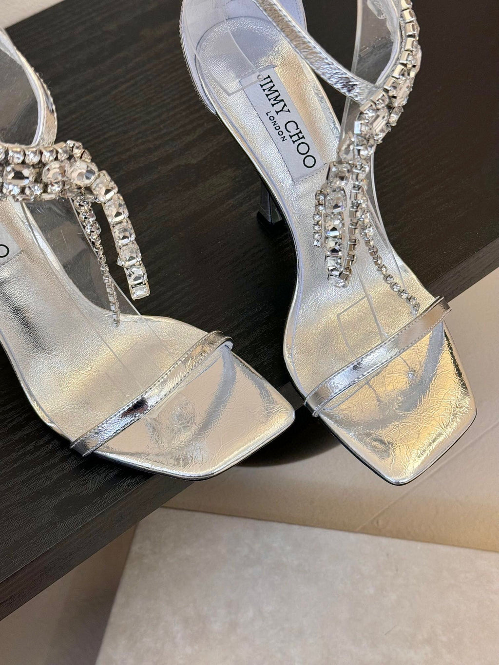 Jimmy Choo Verity 100mm High Heel Sandals Rhinestone Straps Silver Cowhide