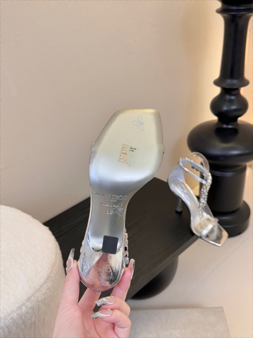 Jimmy Choo Verity 100mm High Heel Sandals Rhinestone Straps Silver Cowhide