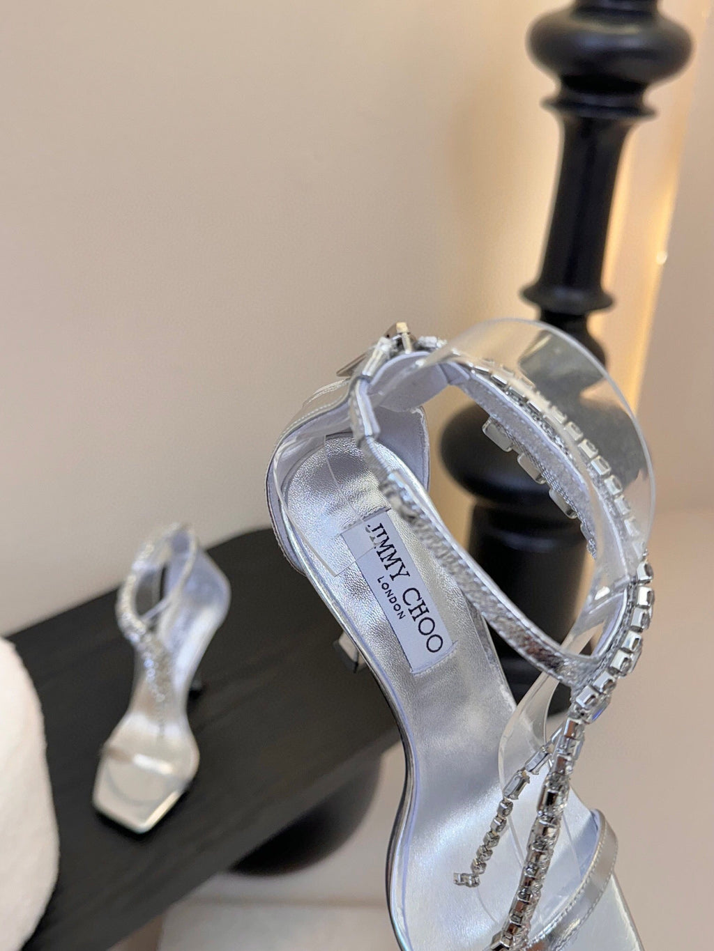 Jimmy Choo Verity 100mm High Heel Sandals Rhinestone Straps Silver Cowhide