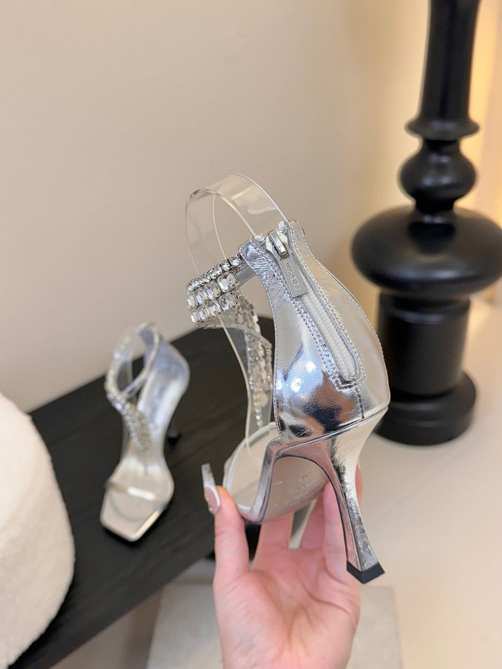 Jimmy Choo Verity 100mm High Heel Sandals Rhinestone Straps Silver Cowhide