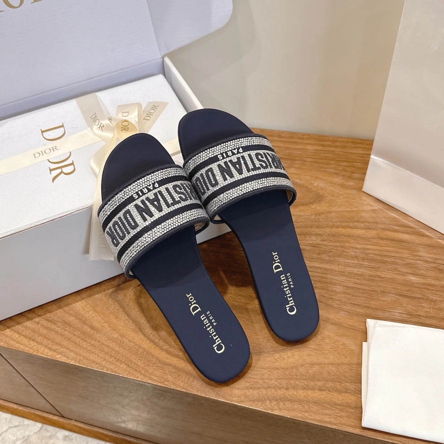 CD 26s Embroidered Sandals Navy Blue Canvas Leather 685606