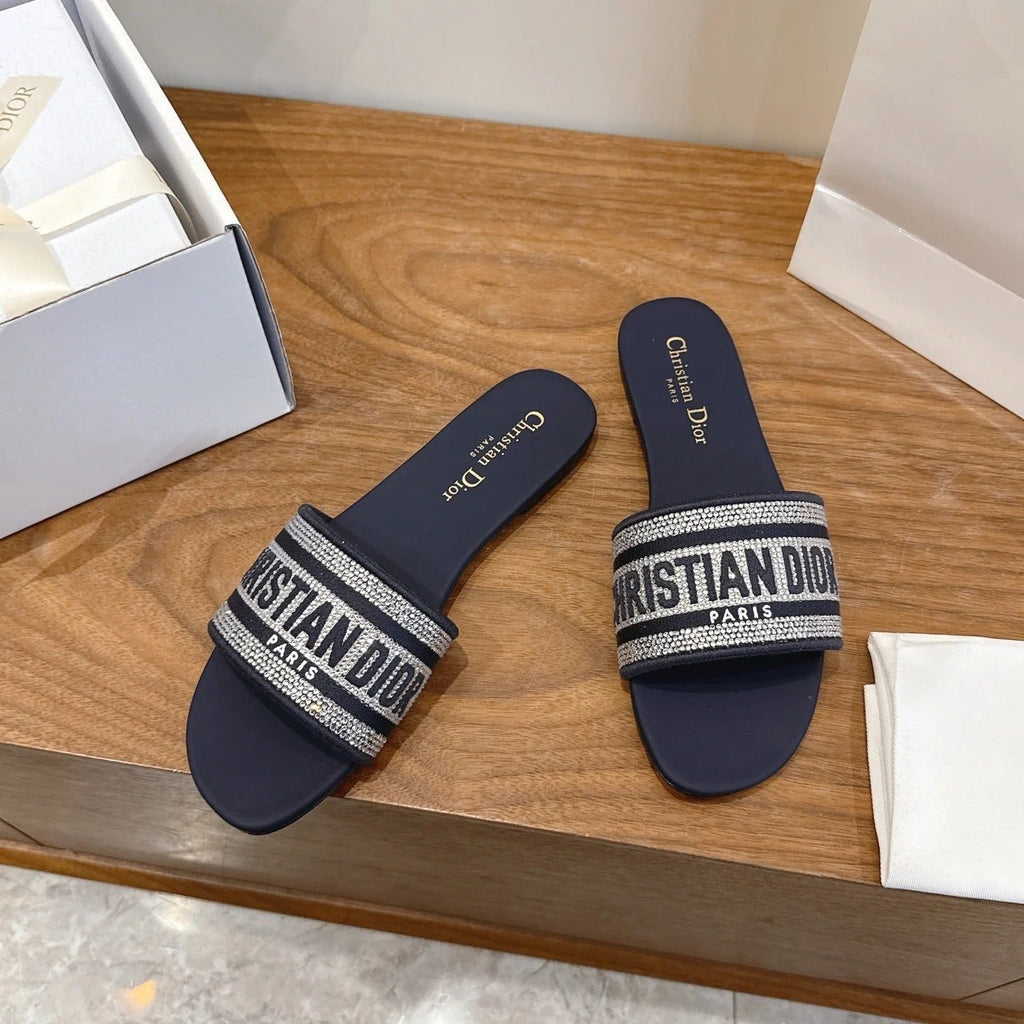 CD 26s Embroidered Sandals Navy Blue Canvas Leather 685606