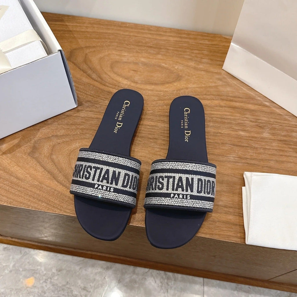 CD 26s Embroidered Sandals Navy Blue Canvas Leather 685606
