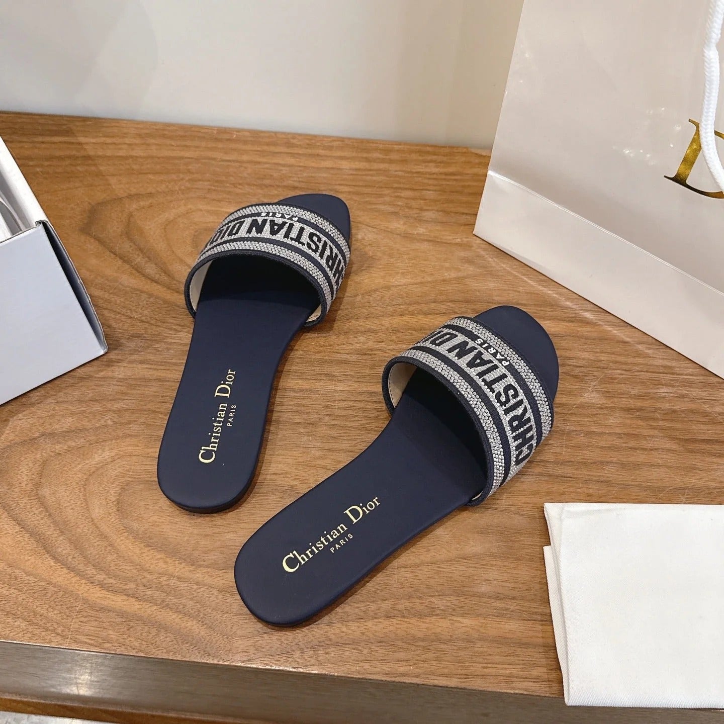 CD 26s Embroidered Sandals Navy Blue Canvas Leather 685606