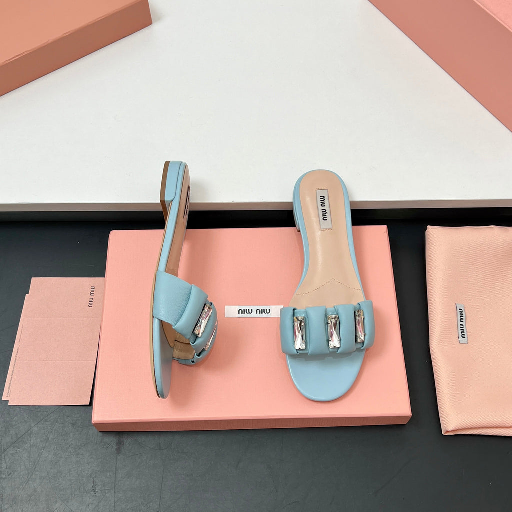 Miu 10mm Slipper with diamonds tiffany blue leather 223452