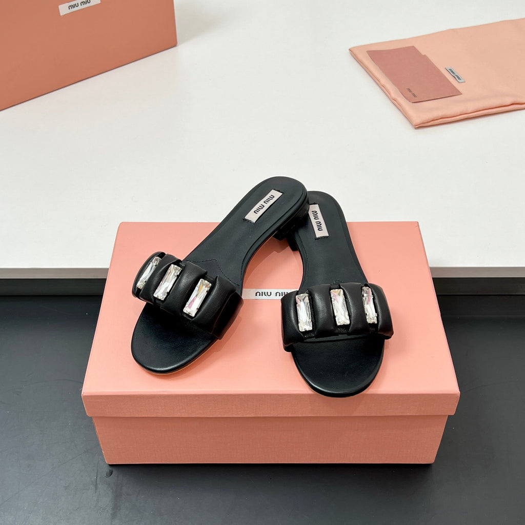 Miu 10mm Slipper with diamonds black leather 223454