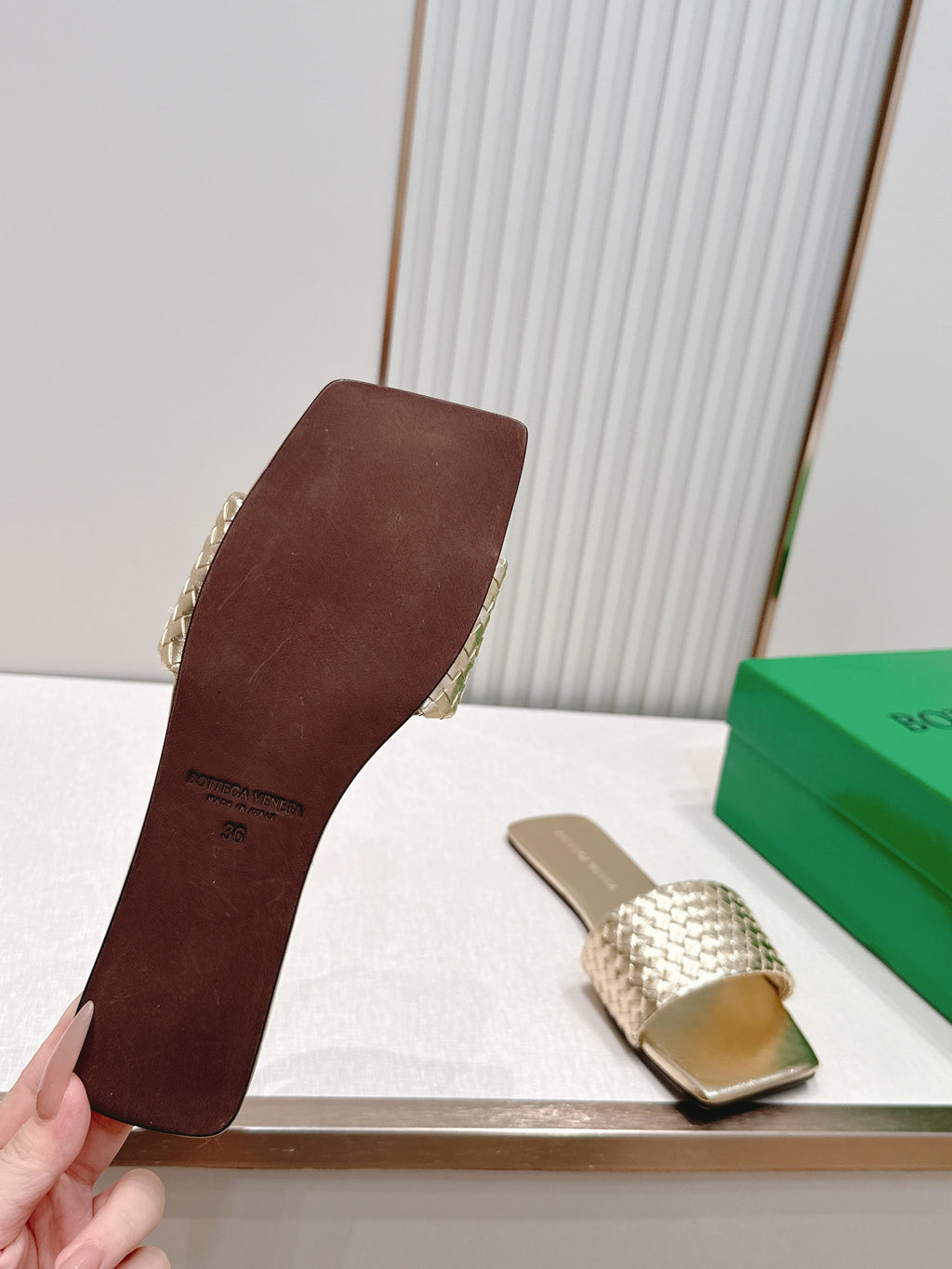 BV Parco Slide Gold Intrecciato Woven Leather 7980445