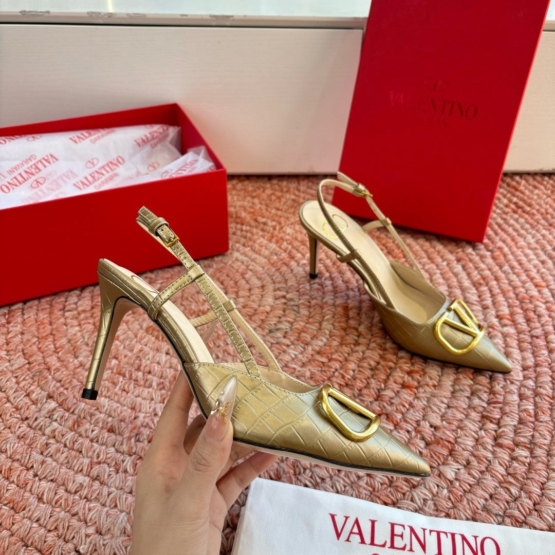 VLogo Signature Slingback 80mm Gold Embossed Sheepskin 702209