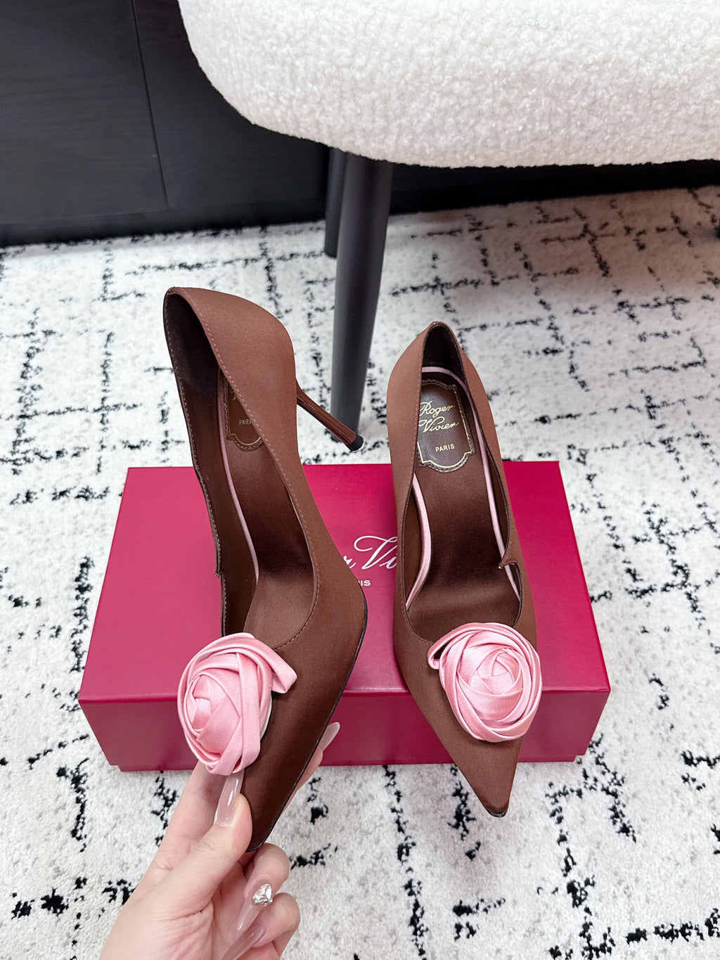 RV Rose Vivier Flower Pumps 10cm Pink Brown Satin 617292