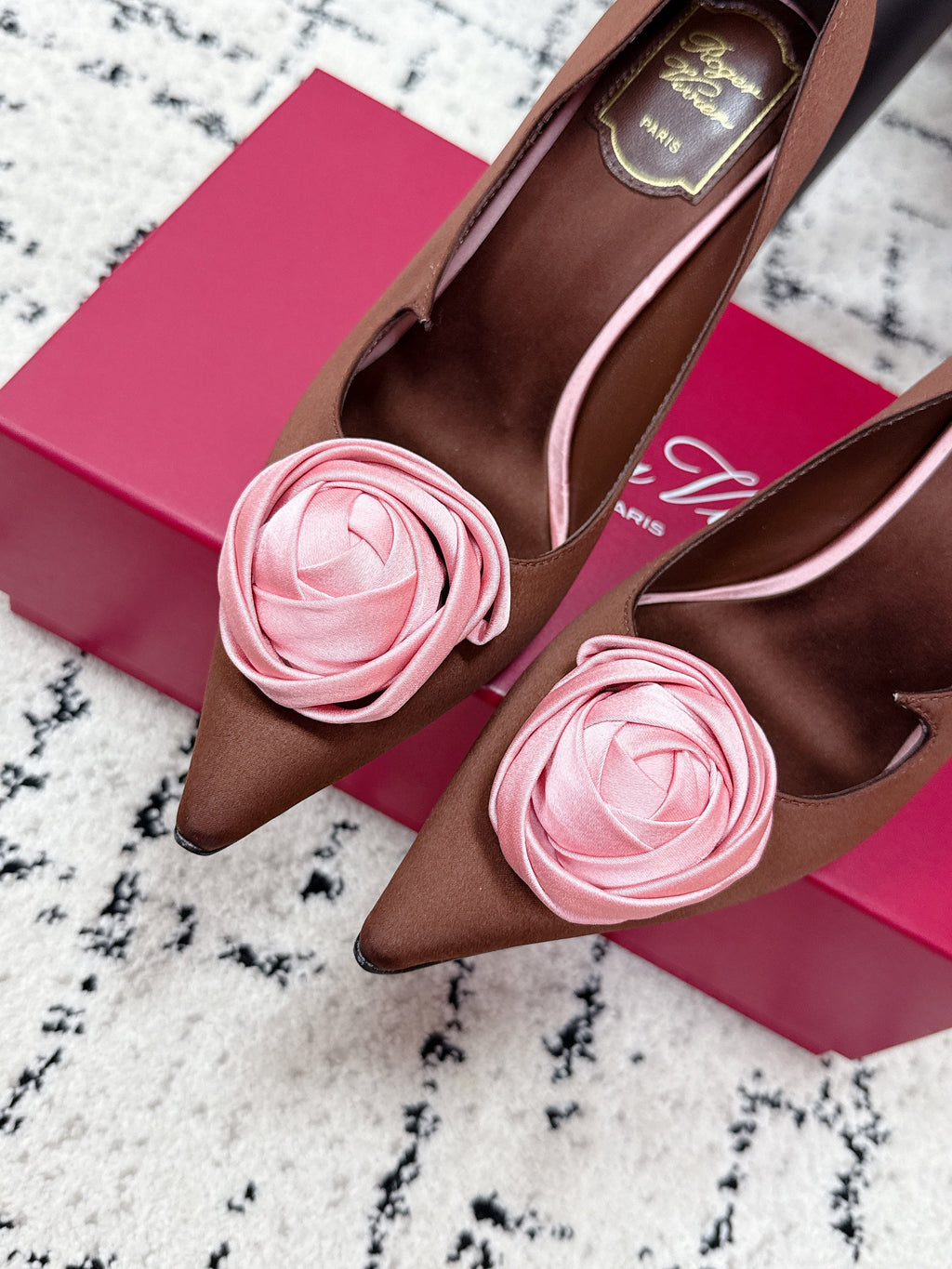 RV Rose Vivier Flower Pumps 10cm Pink Brown Satin 617292
