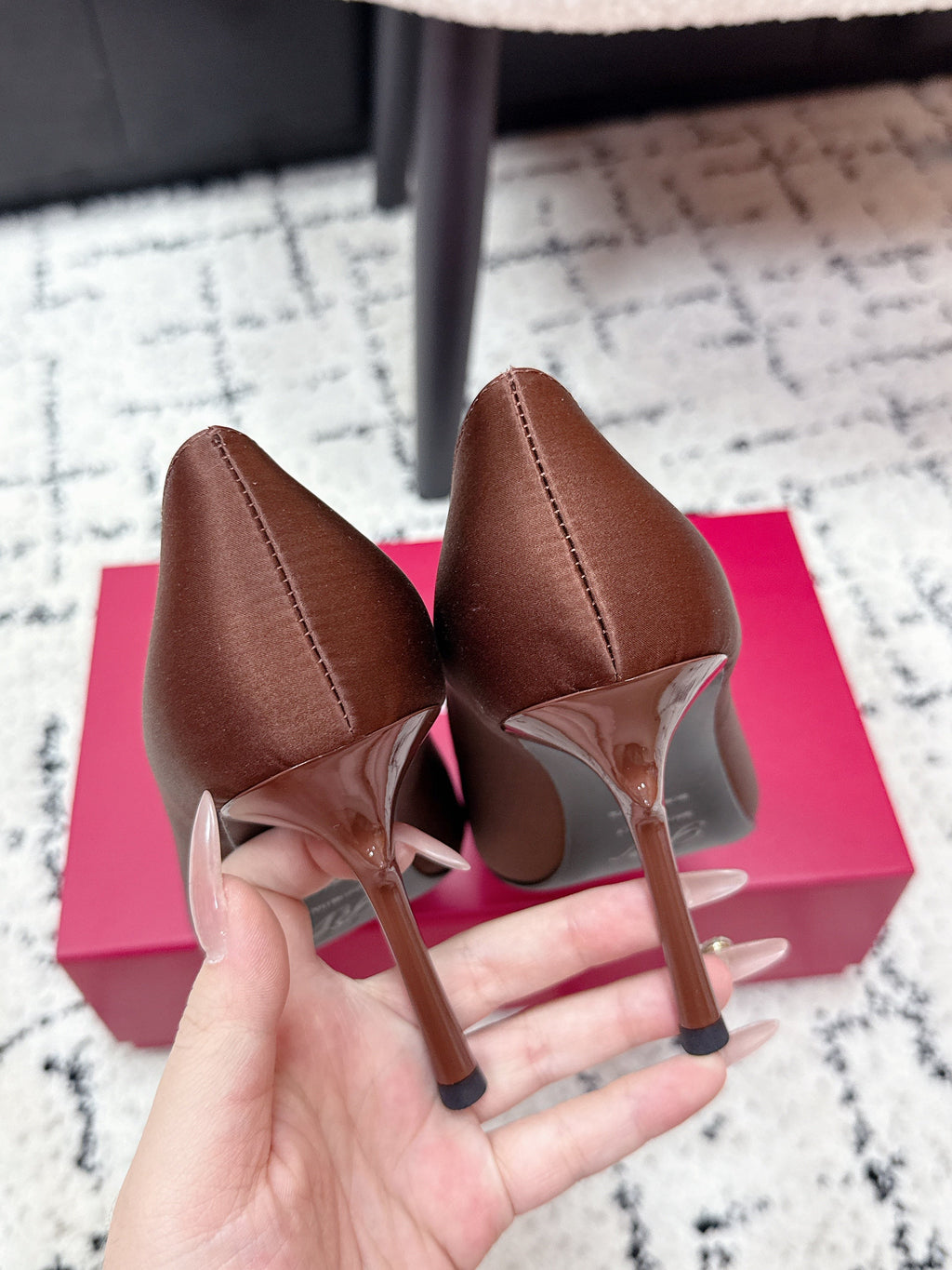 RV Rose Vivier Flower Pumps 10cm Pink Brown Satin 617292