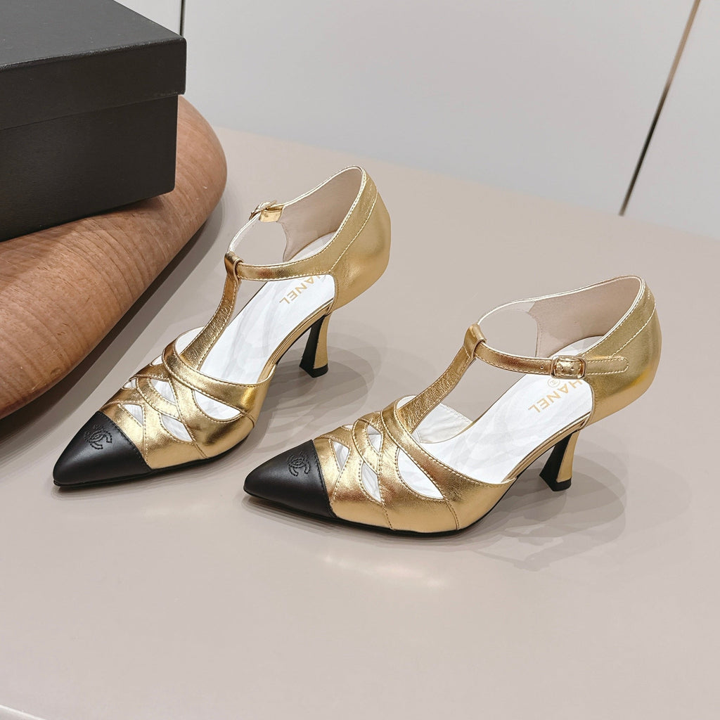 CC 26s Pointed-toe Slingback 9.5cm Black Gold Sheepskin 876258