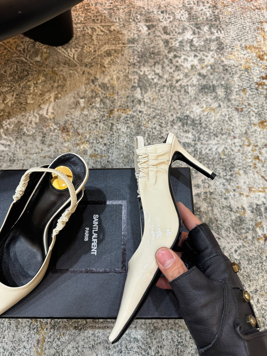 YSL Anne-Marie Slingback 8cm Cream Glossy Sheepskin 637225