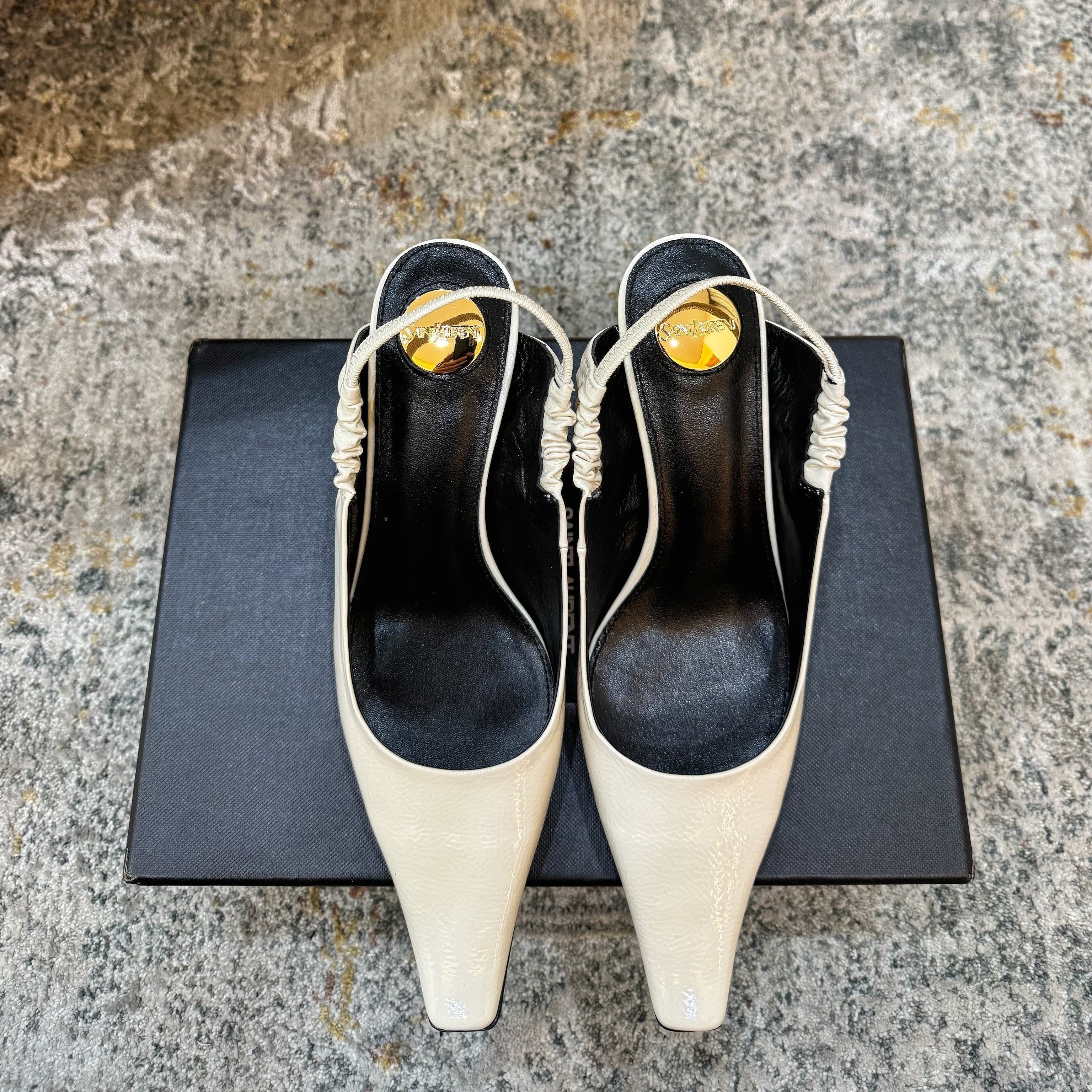 YSL Anne-Marie Slingback 8cm Cream Glossy Sheepskin 637225