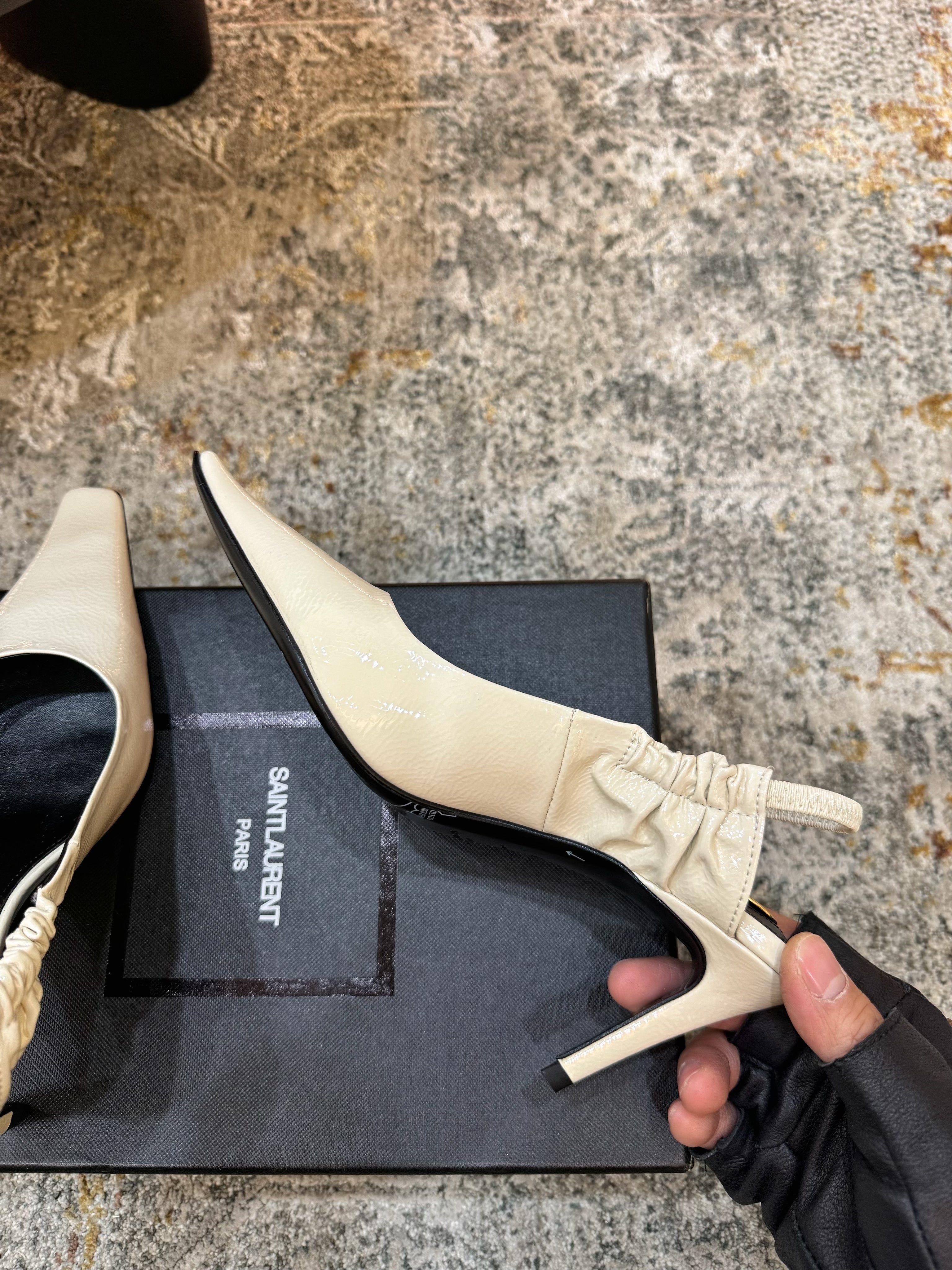 YSL Anne-Marie Slingback 8cm Cream Glossy Sheepskin 637225