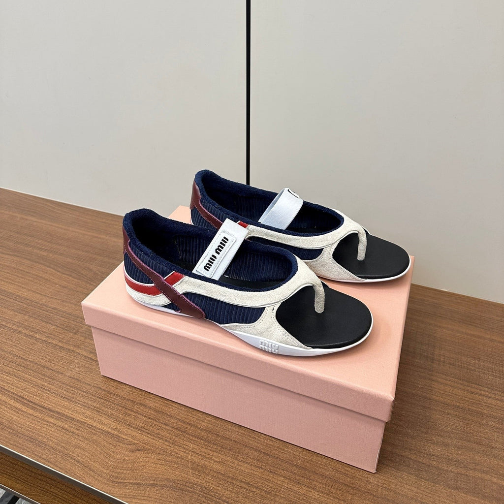 Miu Thong Sandals In White Suede Mix Navy Tech Fabric