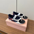 Miu Thong Sandals In White Suede Mix Navy Tech Fabric