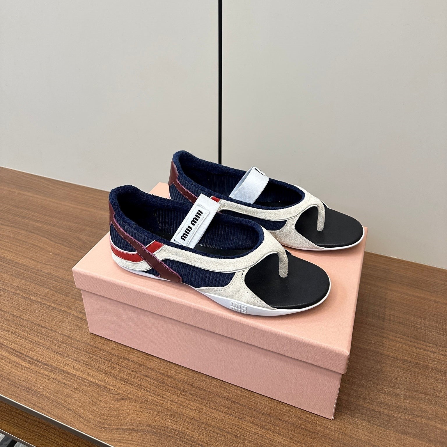 Miu Thong Sandals In White Suede Mix Navy Tech Fabric