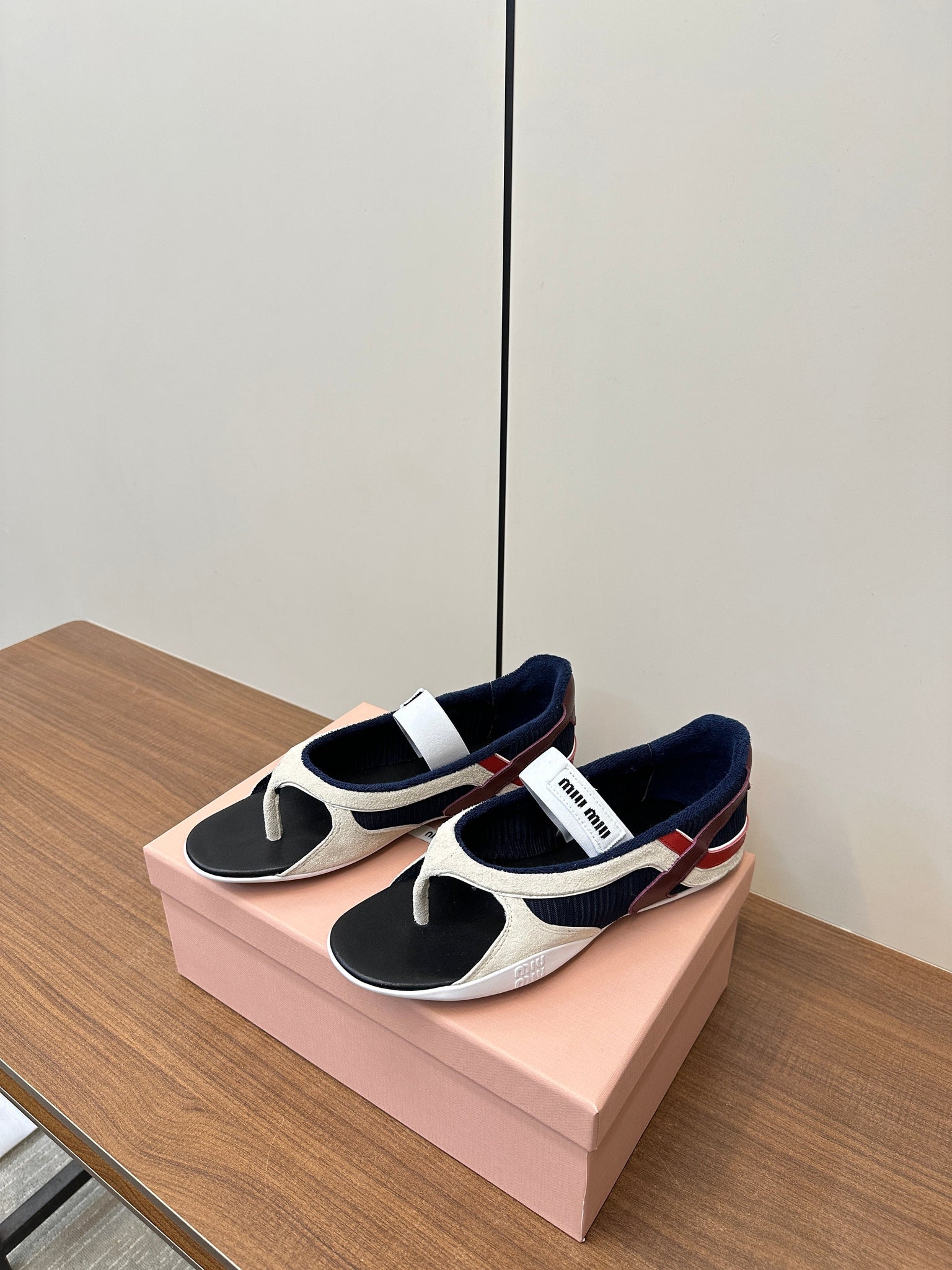Miu Thong Sandals In White Suede Mix Navy Tech Fabric