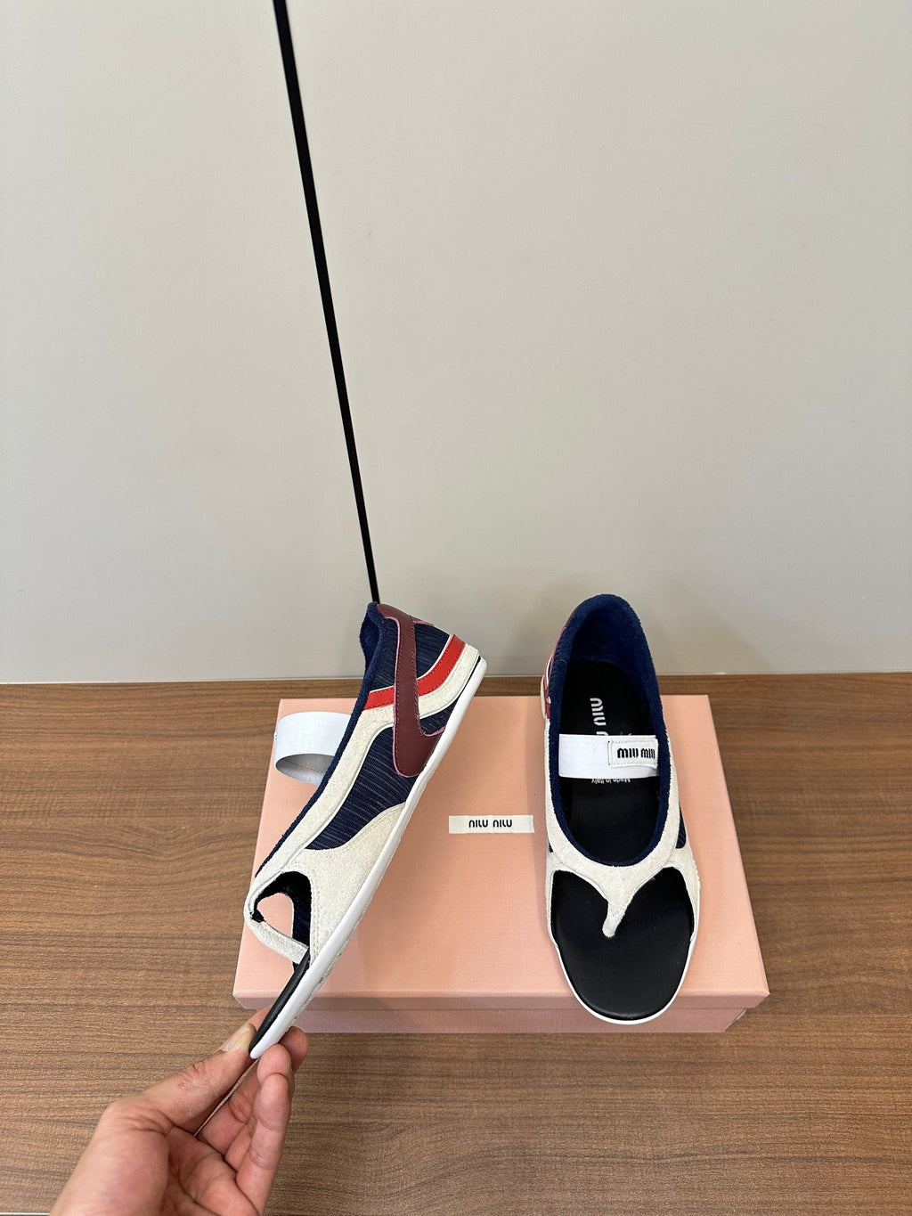 Miu Thong Sandals In White Suede Mix Navy Tech Fabric