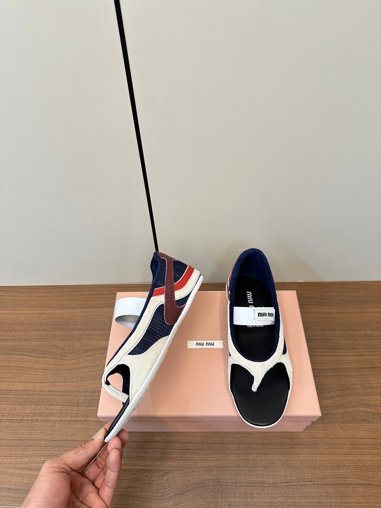 Miu Thong Sandals In White Suede Mix Navy Tech Fabric