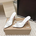 CL 26SS High-Heeled Slippers 100 White Mesh Rhinestone Leather 658052