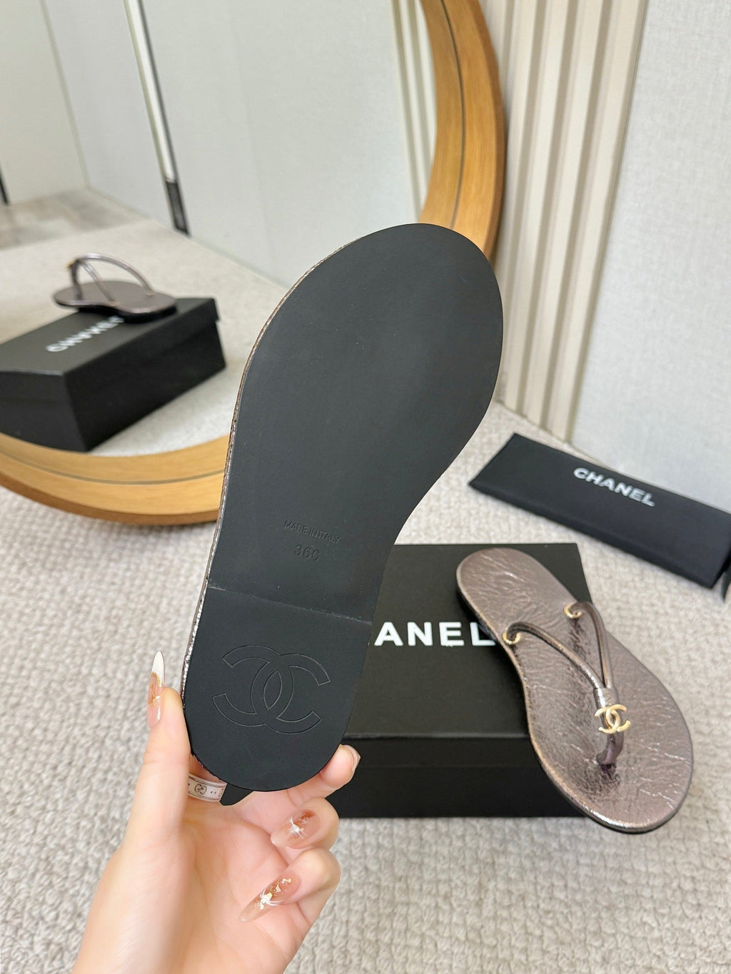 CC 2026 Thong Sandal Gun Metalic Calfskin 826471