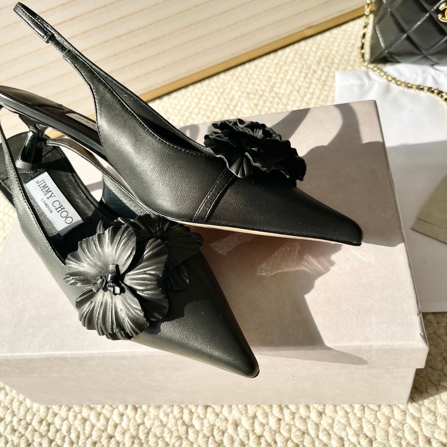 Jimmy Choo Skye Corsage Slingback Black Sheepskin 669844
