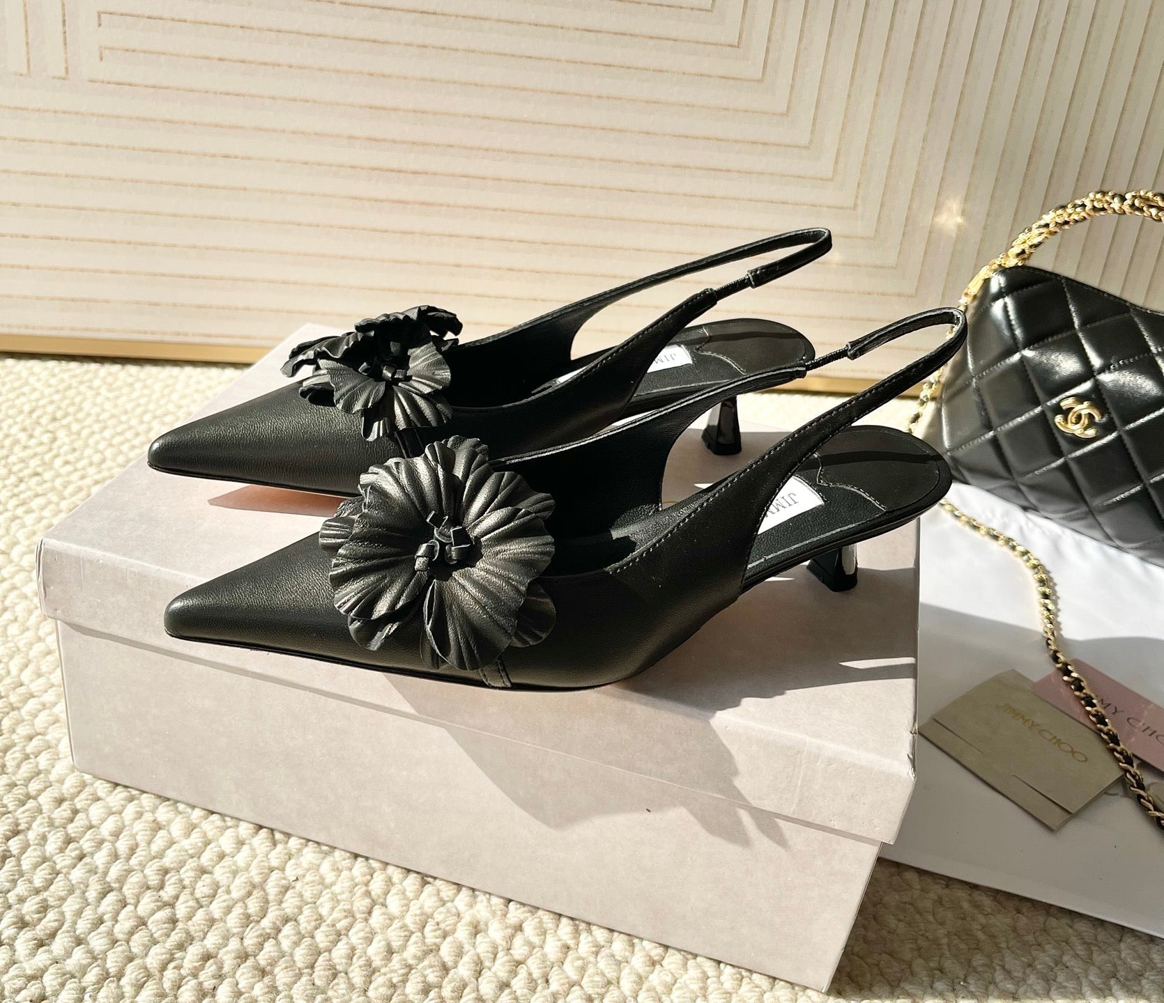 Jimmy Choo Skye Corsage Slingback Black Sheepskin 669844