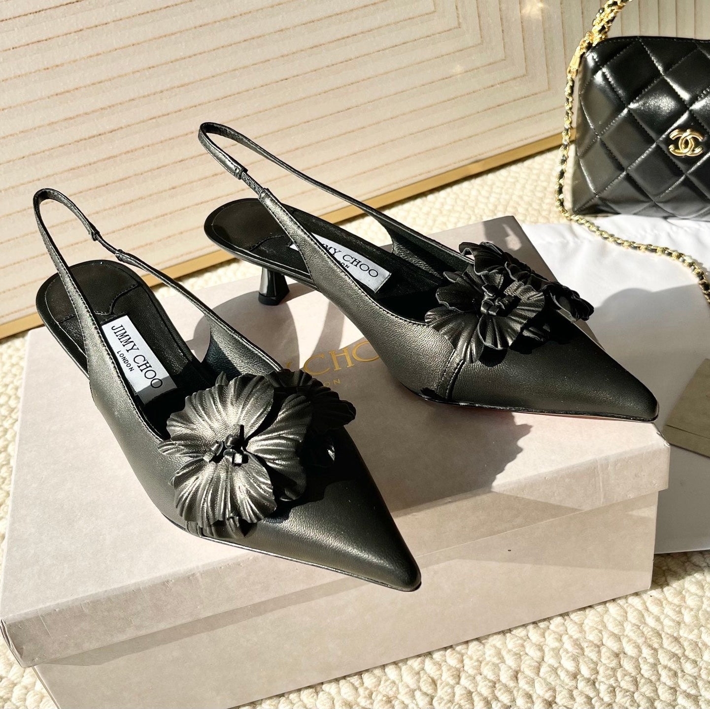 Jimmy Choo Skye Corsage Slingback Black Sheepskin 669844