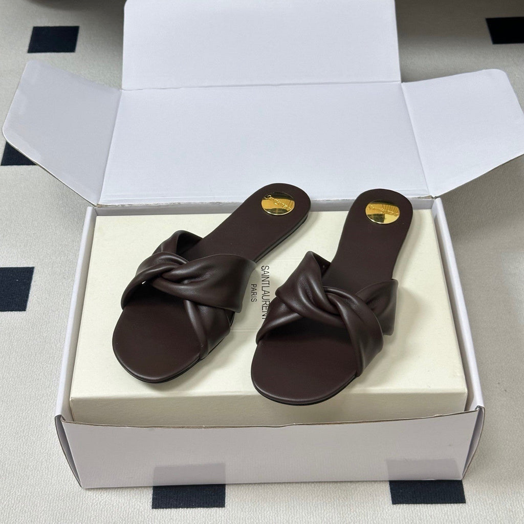 YSL Knotted Slide Brown Smooth Leather 787568