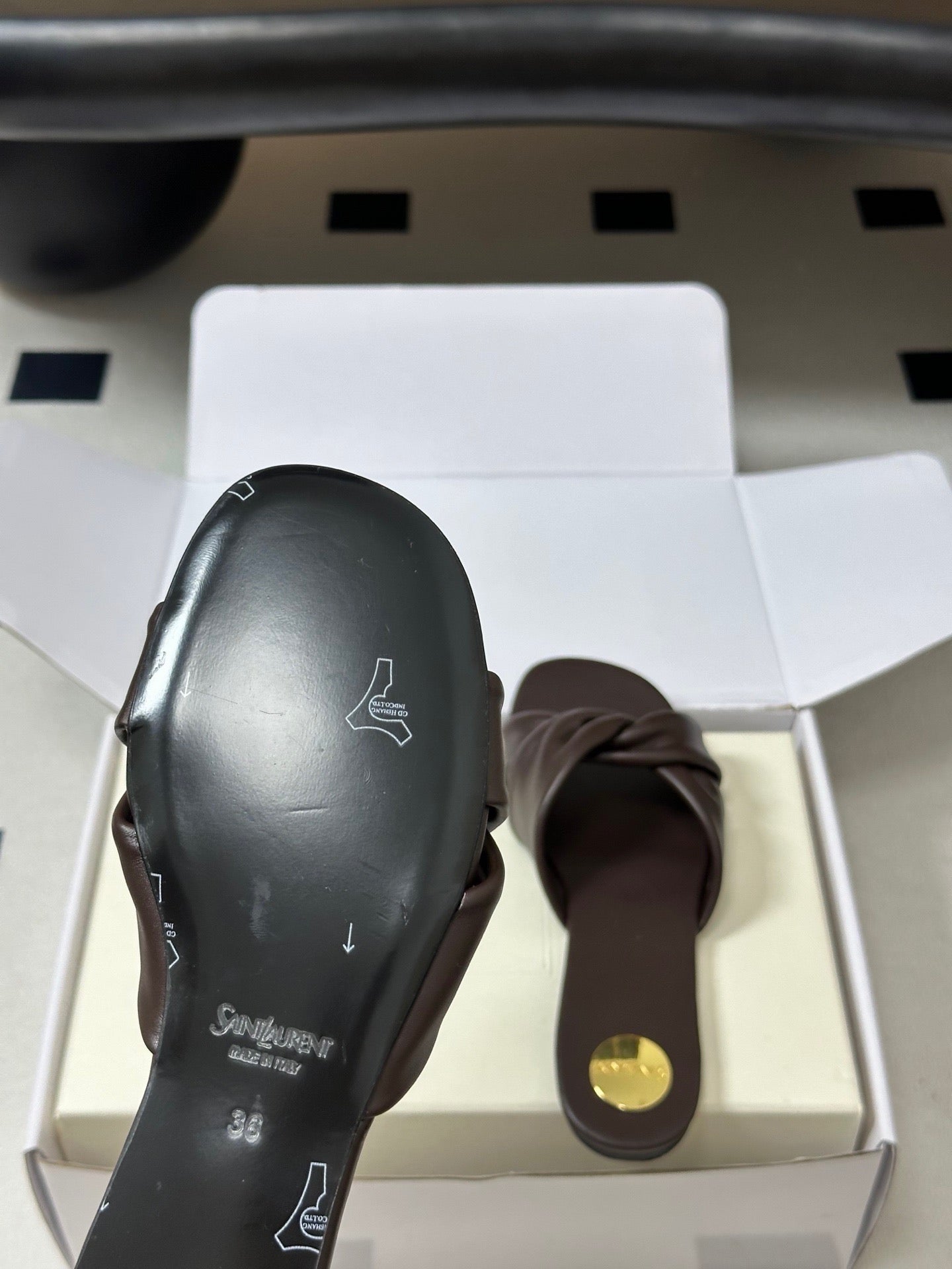 YSL Knotted Slide Brown Smooth Leather 787568