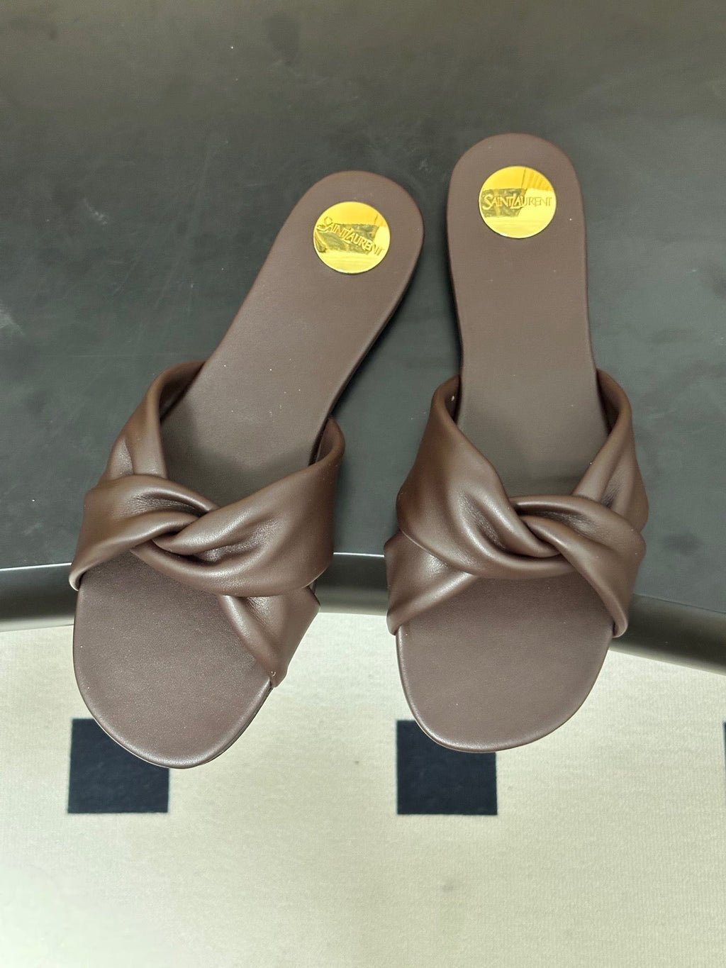 YSL Knotted Slide Brown Smooth Leather 787568