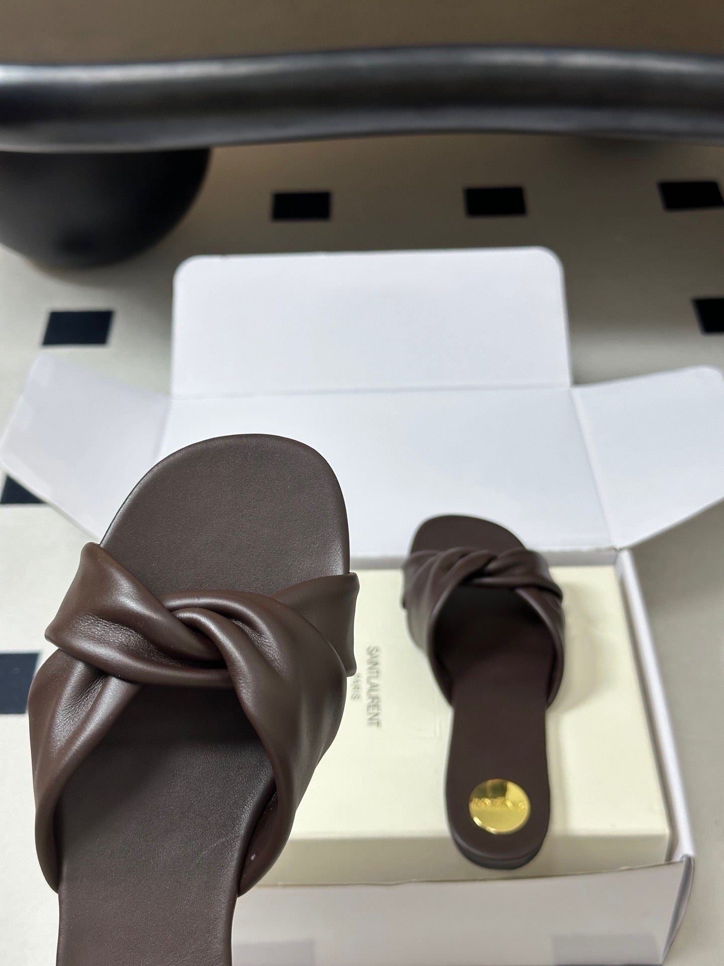 YSL Knotted Slide Brown Smooth Leather 787568