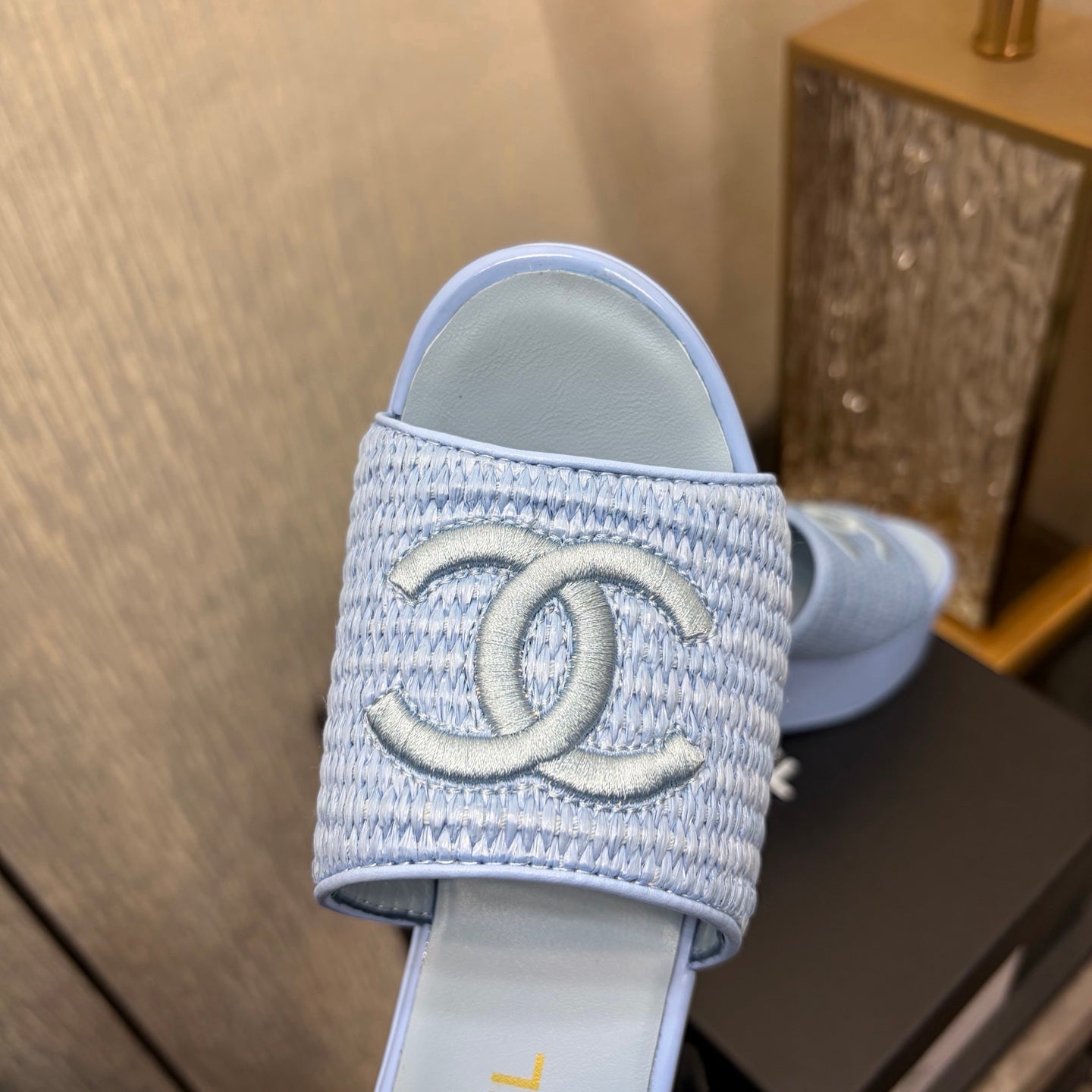 CC 26s Platform Slide Light Blue Raffia Sheepskin 688701