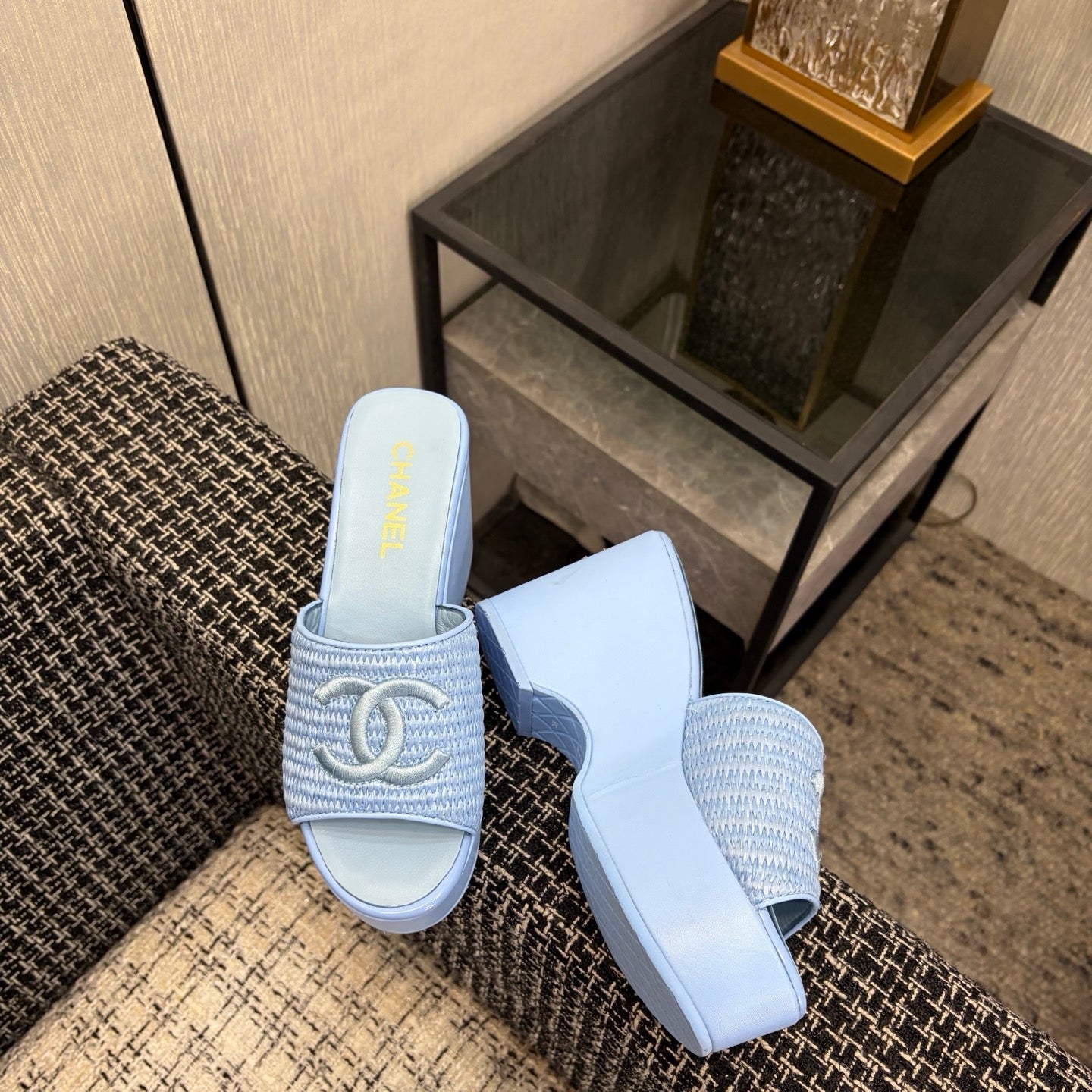 CC 26s Platform Slide Light Blue Raffia Sheepskin 688701