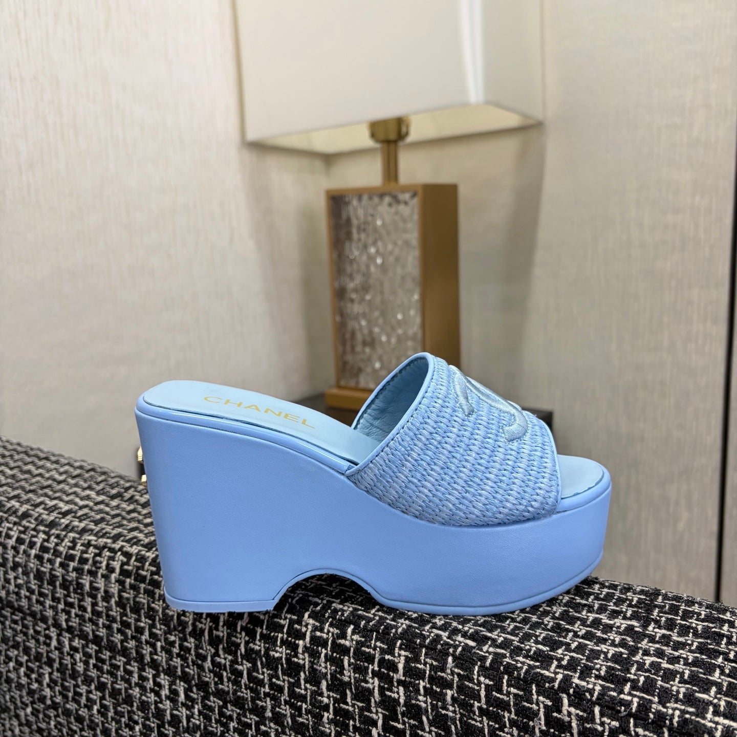 CC 26s Platform Slide Light Blue Raffia Sheepskin 688701