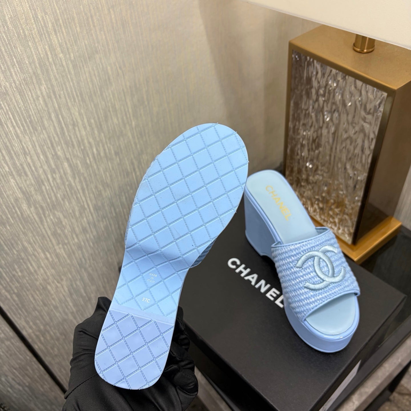 CC 26s Platform Slide Light Blue Raffia Sheepskin 688701