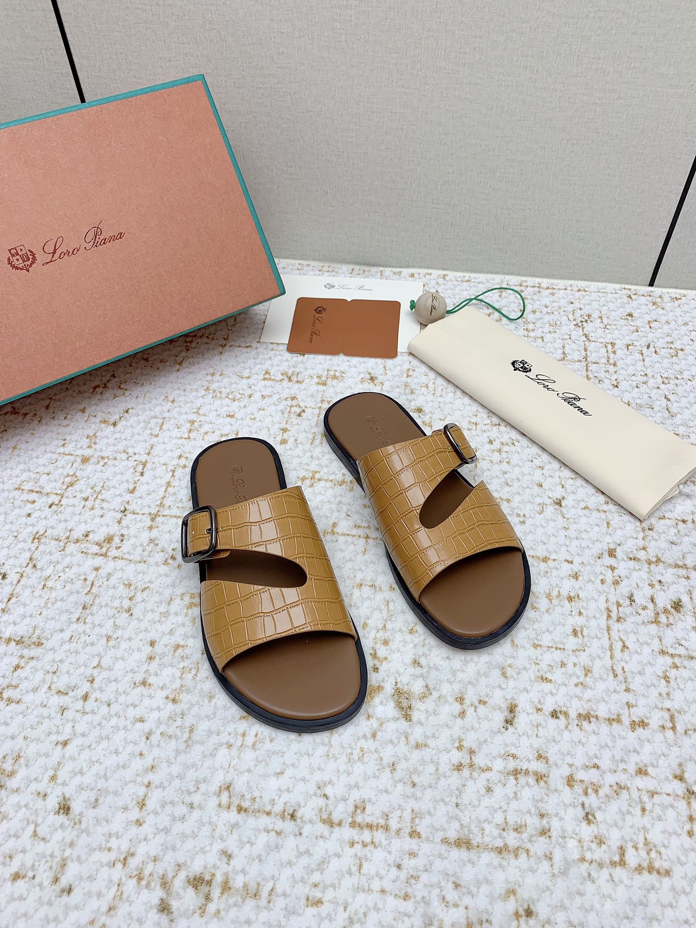 LP Men Sandals In Light Brown Snake Embossed Calfskin