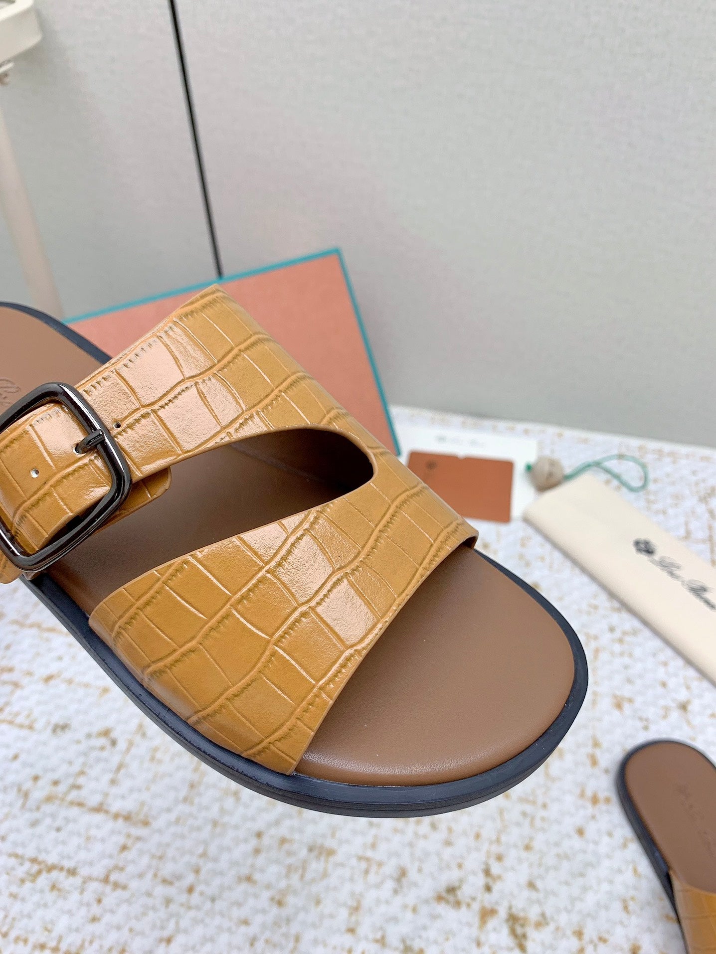 LP Men Sandals In Light Brown Snake Embossed Calfskin