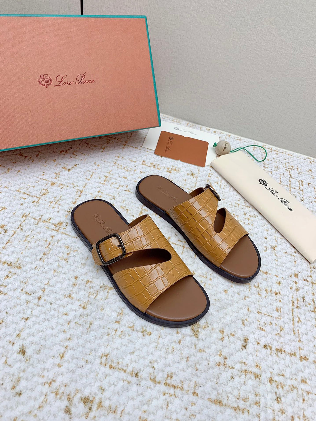 LP Men Sandals In Light Brown Snake Embossed Calfskin