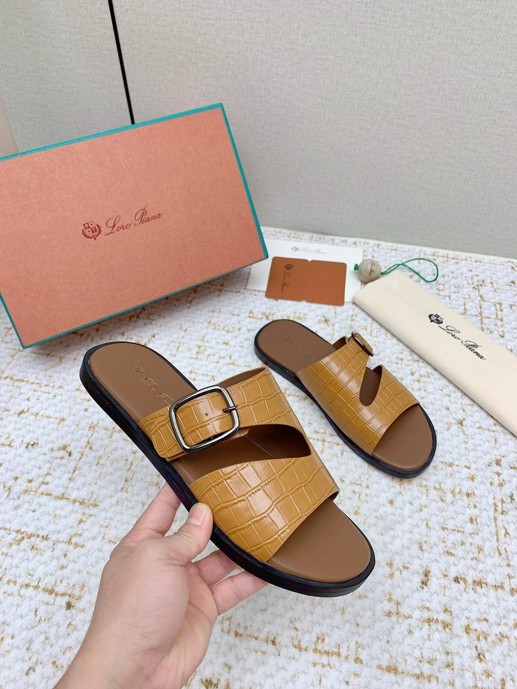 LP Men Sandals In Light Brown Snake Embossed Calfskin